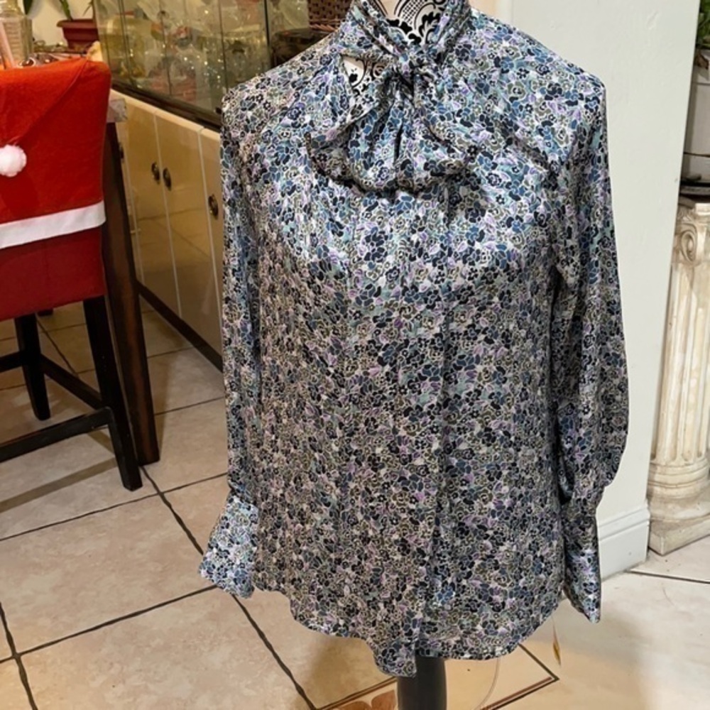 INC Women's Blouse Purple Size XLarge Bow-Neck Floral Print Top $69